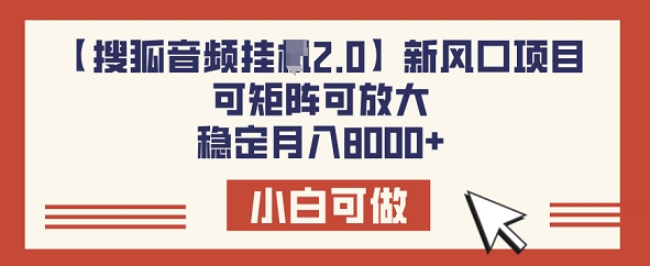 【搜狐网声频挂JI2.0】新蓝海项目，可引流矩阵可变大，平稳月入8k