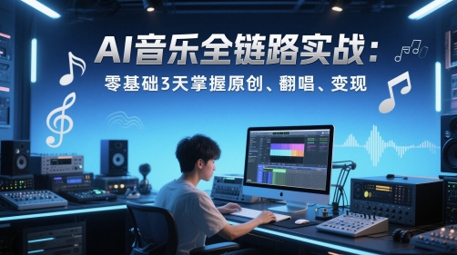 AI歌曲全链路营销实战演练转现课：零基础3天把握原创设计、翻唱歌曲、转现