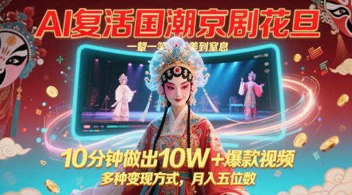 AI复生国潮品牌京剧花旦，一颦一笑美到窒息，10min作出10W 爆款短视频，多种多样变现模式，月入五位数